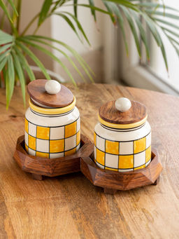 ExclusiveLane - Shatranj Checkered Hand-Painted Ceramic Storage Jars & Containers with Tray