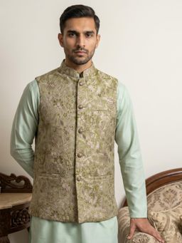 Jompers - Green Men Floral Woven Silk Blend Nehru Jacket