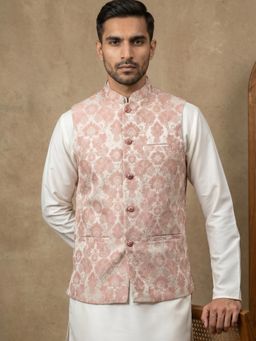 Jompers - Peach Men's Floral Jacquard Silk Blend Nehru Jacket