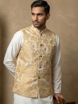 Jompers - Yellow Men's Floral Jacquard Silk Blend Nehru Jacket