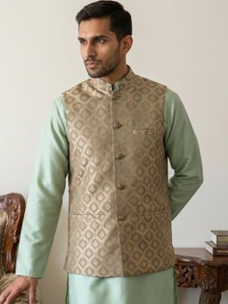 Jompers - Beige Men's Jacquard Woven Silk Blend Nehru Jacket