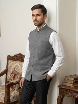 Jompers - Grey Men's Striped Cotton Blend Nehru Jacket
