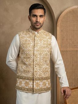Jompers - White Men's Embroidered Floral Silk Blend Nehru Jacket