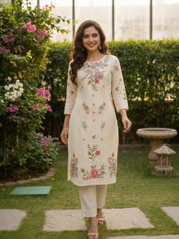 FASHOR - Cream Solid Cotton Floral Embroidery A-Line Kurta and Trouser