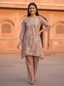 FASHOR - Mauve Solid Chanderi Silk Floral Mirror A-Line Kurta and Trouser