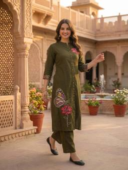 FASHOR - Olive Solid A-Line Floral Embroidery Kurta and Trouser