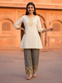 FASHOR - Off White Solid Cotton A-Line Gota Work Kurta and Trouser