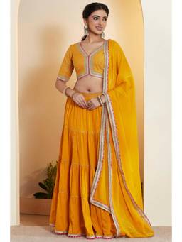 Biba - Women Mustard Cotton Gathered Blouse Lehenga with Dupatta