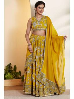 Biba - Women Yellow Cotton Straight Blouse Lehenga with Dupatta