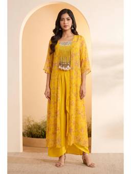 Biba - Women Yellow Crepe Draped Blouse Lehenga with Shrug