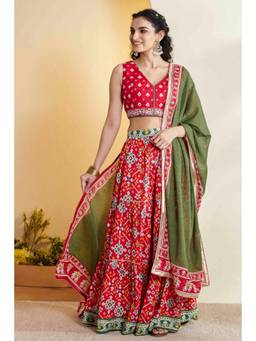 Biba - Women Red Printed Gathered Cotton Blouse Lehenga with Dupatta