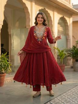FASHOR - Maroon Solid Cotton Anarkali Kurta Trouser and Dupatta
