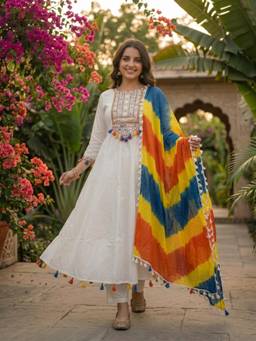 FASHOR - White Embroidered Cotton Blend Anarkali Kurta Trouser and Dupatta