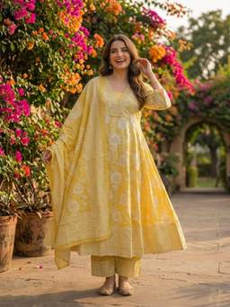 FASHOR - Yellow Floral Printed Embroidery Anarkali Kurta Trouser and Dupatta