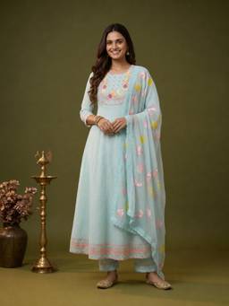 FASHOR - Sky Blue Chikankari Cotton Anarkali Kurta Trouser And Dupatta