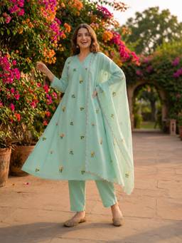 FASHOR - Ice Blue Chanderi Silk A-Line Kurta Trouser And Dupatta