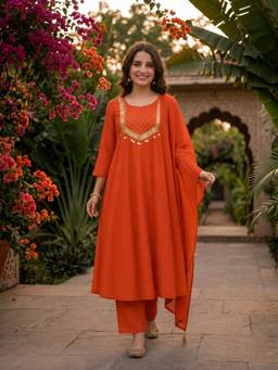 FASHOR - Rust Silk Blend A-Line Pleated Kurta Trouser And Dupatta