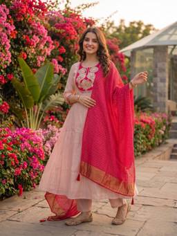 FASHOR - Blush Pink Chanderi Silk Anarkali Kurta Trouser And Dupatta