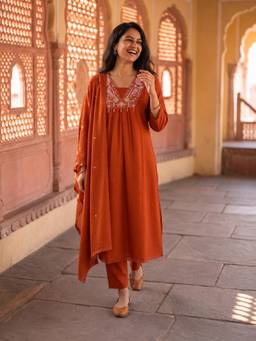 FASHOR - Rust Solid Cotton A-Line Pleated Kurta Trouser And Dupatta