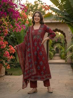 FASHOR - Maroon Ethnic Floral Printed Cotton Anarkali Kurta Trouser And Dupatta