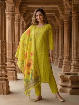 FASHOR - Pista Green Solid Muslin Silk Straight Kurta Trouser And Dupatta