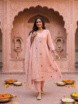 FASHOR - Baby Pink Chanderi Silk A-Line Kurta Trouser And Dupatta
