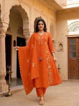 FASHOR - Rust Chanderi Silk Anarkali Kurta Trouser And Dupatta