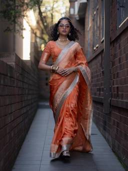 Suta - Woven Orange Viscose Saree With Unstitched Blouse