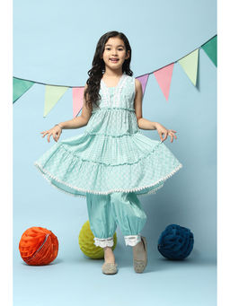 Biba - Girls Mint Green Printed Cotton Tired Kurta (Set of 2)