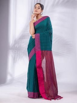 CHARUKRITI - Teal Cotton Handwoven Soft Saree & Zari Pallu with Unstitched Blouse