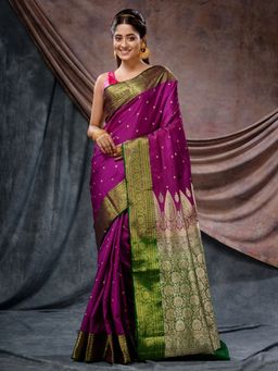 CHARUKRITI - Purple Silk Blend Handloom Floral and Paisley Design Saree with Unstitched Blouse