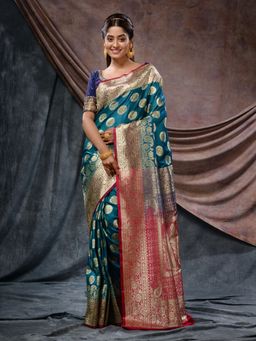 CHARUKRITI - Teal Handloom Katan Silk Floral and Paisley Zari Design Saree with Unstitched Blouse