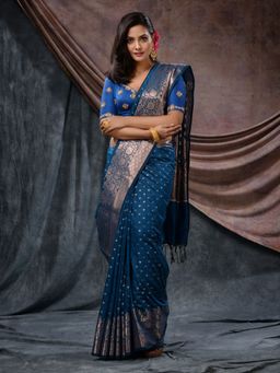 CHARUKRITI - Navy Blue Handloom Silk Blend Small Buttas Saree with Unstitched Blouse