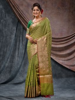 CHARUKRITI - Pistachio Green Handloom Silk Blend Small Buttas Saree with Unstitched Blouse