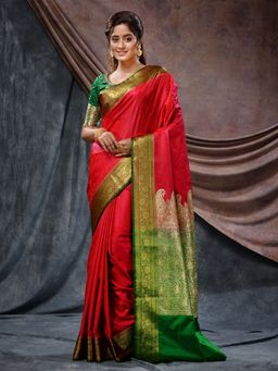 CHARUKRITI - Pink Emboss Silk Blend Handloom Saree with Unstitched Blouse