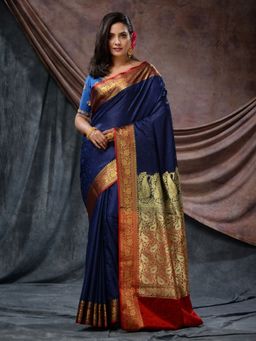 CHARUKRITI - Navy Blue Emboss Silk Blend Handloom Saree with Unstitched Blouse