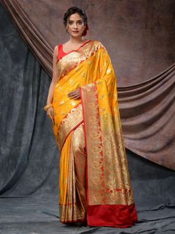CHARUKRITI - Yellow Katan Silk Handloom Patli Pallu Paisley Design Saree with Unstitched Blouse