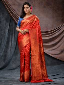 CHARUKRITI - Red Handloom Katan Silk Nakshi Motifs and Ethnic Design Saree with Unstitched Blouse