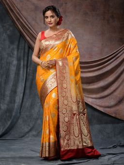 CHARUKRITI - Yellow Katan Silk Handloom Zari Woven Paisley Saree with Unstitched Blouse