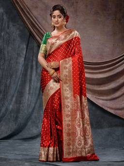 CHARUKRITI - Red Handloom Katan Silk Small Buttas and Ethnic Design Saree with Unstitched Blouse