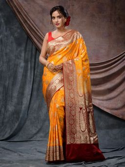 CHARUKRITI - Yellow Katan Silk Handloom Zari Woven Paisley Saree with Unstitched Blouse
