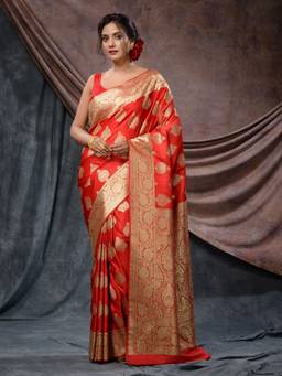 CHARUKRITI - Red Katan Silk Handloom Zari Woven Floral Saree with Unstitched Blouse