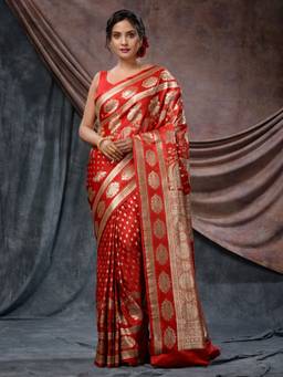 CHARUKRITI - Red Katan Silk Handloom Zari Woven Floral Saree with Unstitched Blouse