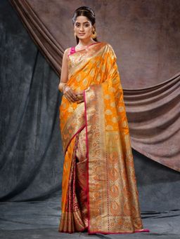 CHARUKRITI - Yellow Katan Silk Handloom Patli Pallu Paisley Motifs Saree with Unstitched Blouse