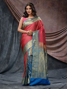 CHARUKRITI - Rani Pink Katan Silk Handloom Patli Pallu Woven Buttas Saree with Unstitched Blouse