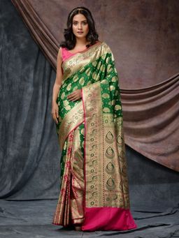CHARUKRITI - Green Katan Silk Handloom Patli Pallu Paisley Motifs Saree with Unstitched Blouse