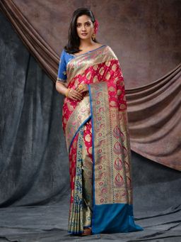 CHARUKRITI - Pink Katan Silk Handloom Patli Pallu Paisley Motifs Saree with Unstitched Blouse