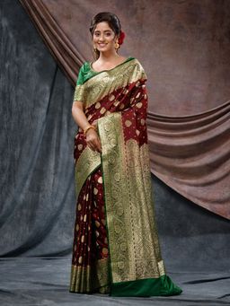 CHARUKRITI - Wine Katan Silk Handloom Damask Motifs Saree with Unstitched Blouse