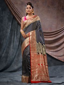 CHARUKRITI - Navy Blue Handloom Katan Silk Small Buttas Saree with Unstitched Blouse