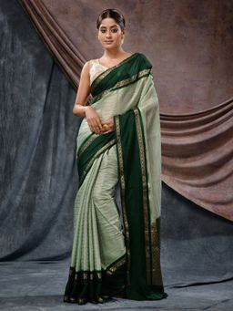 CHARUKRITI - Green Katan Silk Handloom Zari Woven Design and Stripes Saree with Unstitched Blouse